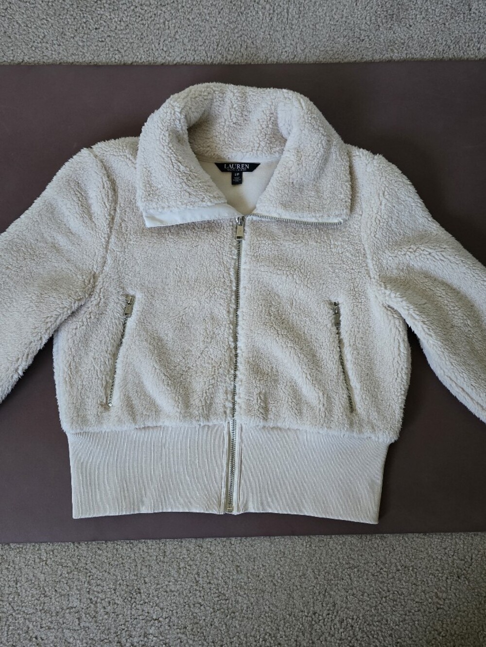 $345 Lauren Ralph Lauren Black Label Cream Faux Sherpa Fleece Jacket Bomber Sz S